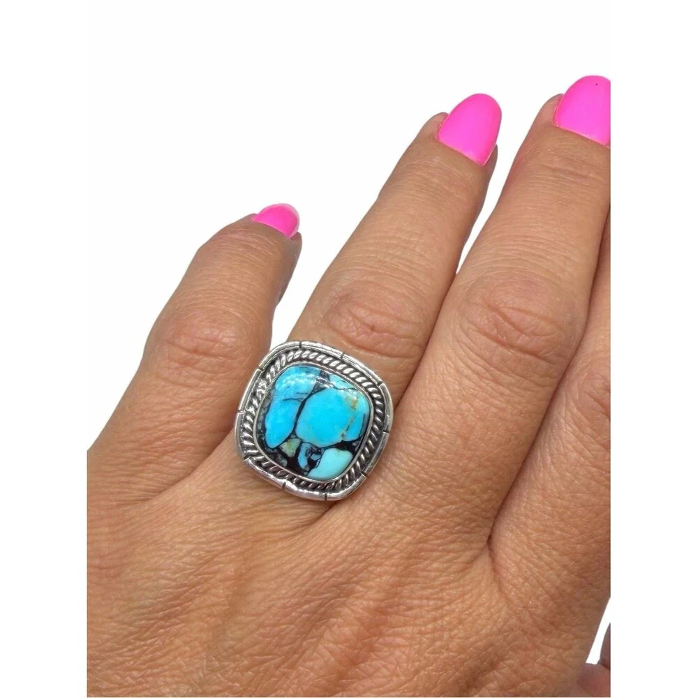 Tibetan Turquoise Ring Size 7 Solid 925 Sterling Silver Square
